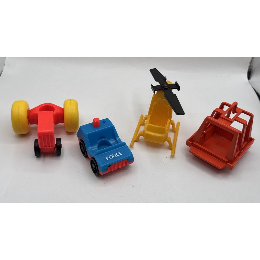 Vintage Fisher-Price Little People Police Car Helicopter Tractor Cargo Basket A
